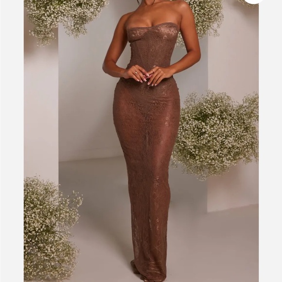 Brown and Gold Ribbed Strapless Maxi Dress - Picture 1 of 6
